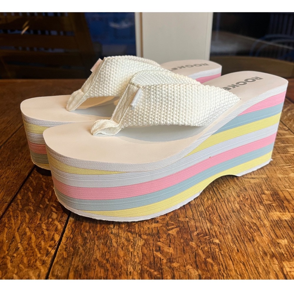 Rocket Dog foam platform y2K flip flops white pastel rainbow thong sandals US 9